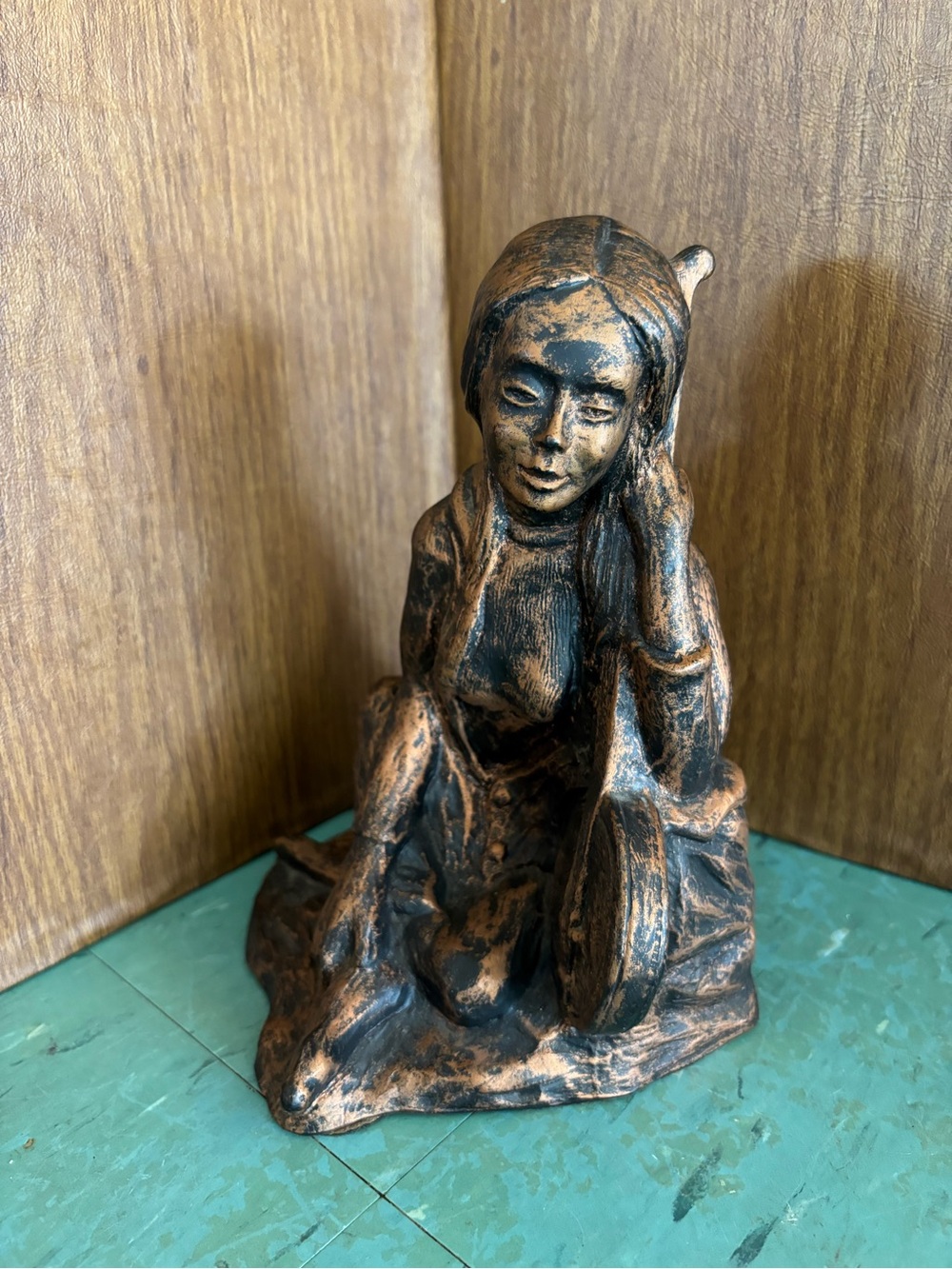 Vintage coppercraft statue girl playing instrument guitar